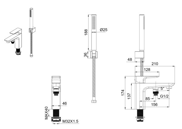 AQ1044BGM ВЕГА смеситель врезной на борт ванны на 1 отв. Aquatek, оружейная сталь