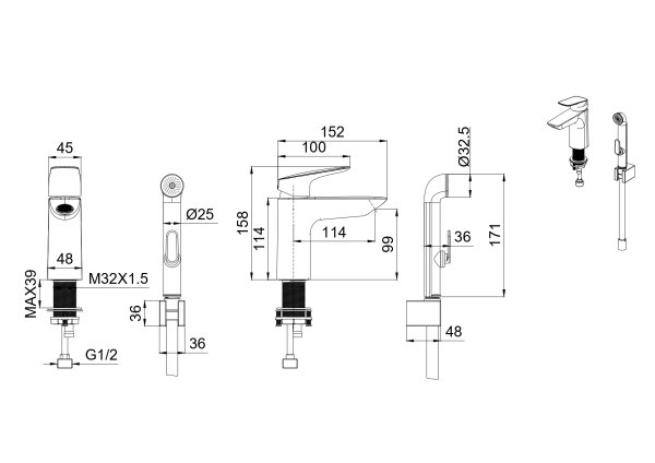 Смеситель для раковины 97 с гигиеническим ручным душем Aquatek AQ1012BGM ВЕГА, оружейная сталь