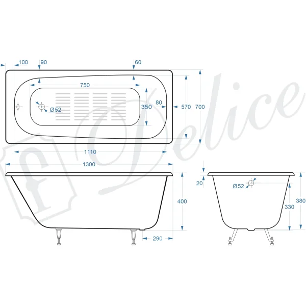 Ванна чугунная Delice Continental DLR230641-AS 130x70 см, с антискользящим покрытием, белый