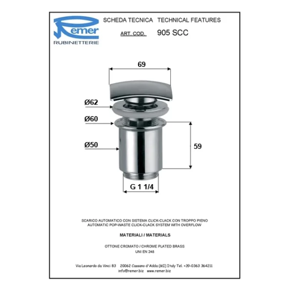Донный клапан Remer 905SCC114