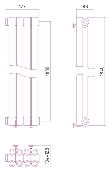 Дизайн-радиатор Сунержа Эстет 1800х173 хром (4 секции) водяной