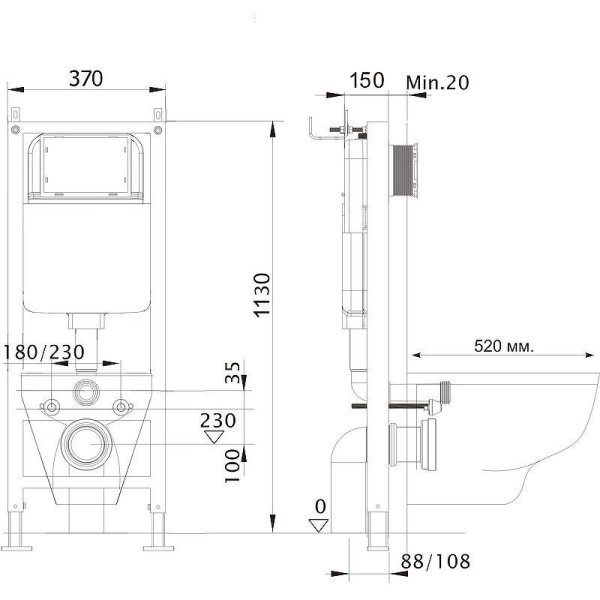Инсталляция для подвесного унитаза Aquatek Standart 37 INS-0000017 без клавиши смыва