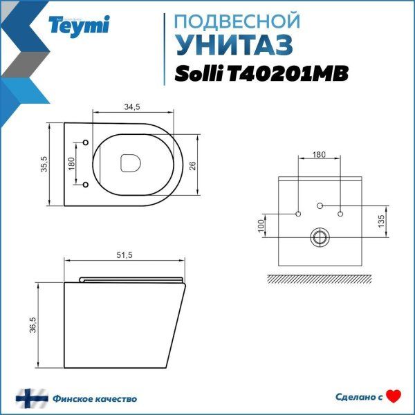 Унитаз подвесной Teymi Solli безободковый, сиденье микролифт, черный матовый T40201MB
