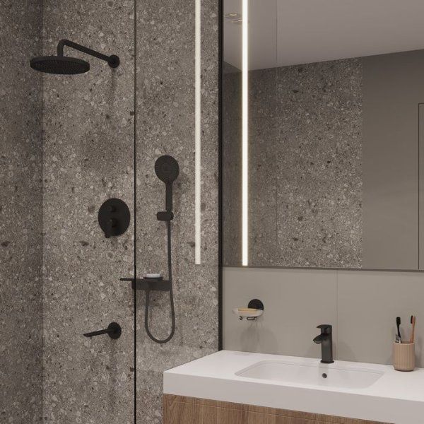 Комплект смесителей 2 в 1: Душевая система с изливом и смеситель для умывальника, черный матовый, Rora, Milardo, ROR0003M70