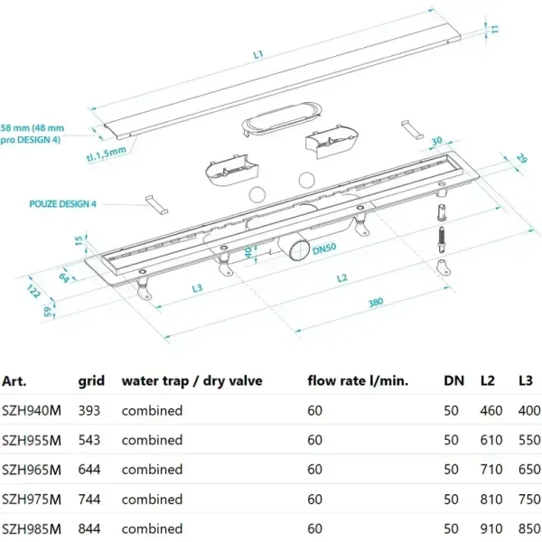 Душевой трап (лоток) PlastBrno Design 4 SZH955M 54,3 см, с решеткой, 2 в 1 под плитку, оружейная сталь матовый