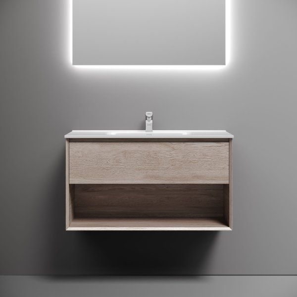 Тумба подвесная SANCOS Marmi 1.0 890х445х520 c одним ящиком оснащенным доводчиками скрытого монтажа и открытой нишей, дуб галифакс натуральный,  MR1.090EG