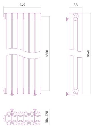 Дизайн-радиатор Сунержа Эстет 1800х249 хром (6 секции) водяной