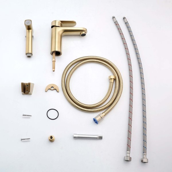 AQ1812BG НИКА смеситель для раковины 90 без донного клапана с гигиеническим ручным душем, шлиф.золото