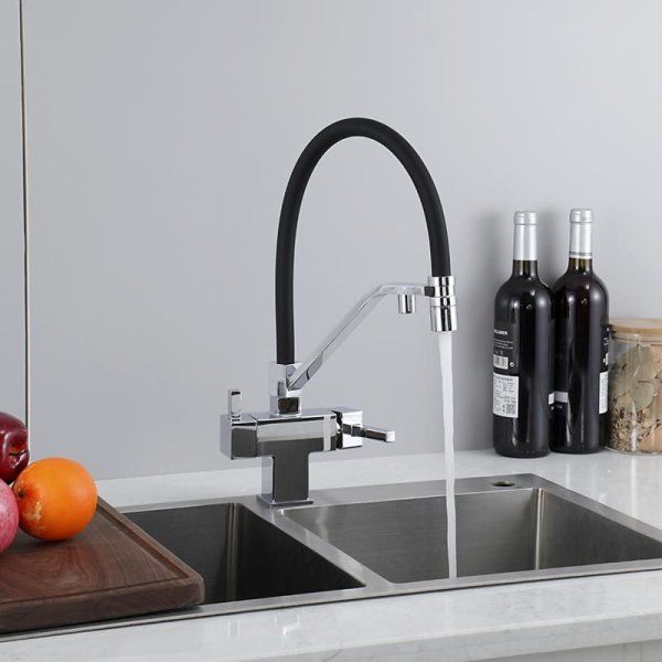 Смеситель для кухонной мойки Gappo G95-60 G4395-60 с подключением фильтра питьевой воды и гибким изливом, хром, черный