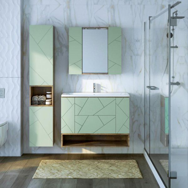 Тумба с раковиной и нишей Бриклаер КРИСТАЛЛ 100F, фисташковый/дуб гранж песочный