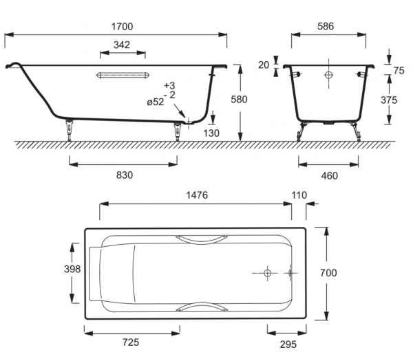 Чугунная ванна Jacob Delafon Parallel E2948-00 170х70 с отверстиями для ручек