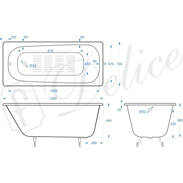 Ванна чугунная Delice Continental DLR230640-AS 120x70 см, с антискользящим покрытием, белый