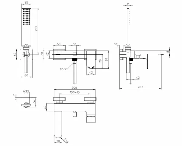 Смеситель для ванны Bossini GILLO с ручным душем, керамический картридж, шланг из латуни 125 см, черный матовый Z00728.073