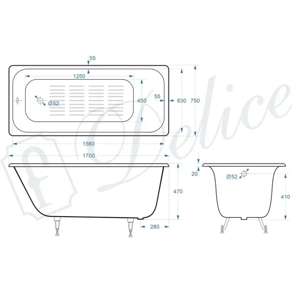 Ванна чугунная Delice Continental Plus DLR230635-AS 170x75 см, с антискользящим покрытием, белый