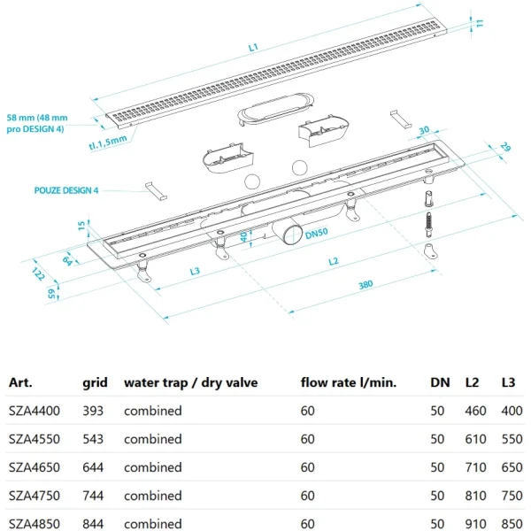 Душевой трап (лоток) PlastBrno Design 4 SZA4550 54,3 см, с решеткой, 2 в 1 под плитку, нержавеющая сталь