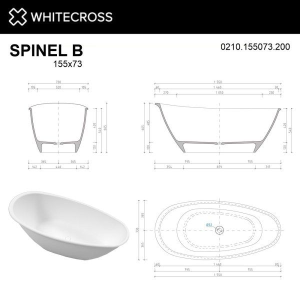 Ванна из искусственного камня Whitecross Spinel B 0210.155073.200 155x73 белый матовый