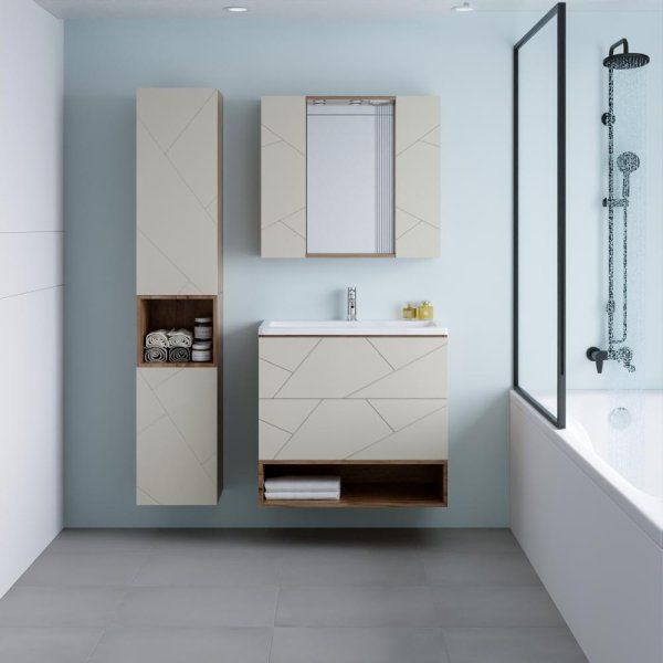 Тумба с раковиной и нишей Бриклаер КРИСТАЛЛ 80L, латте/дуб крафт табачный