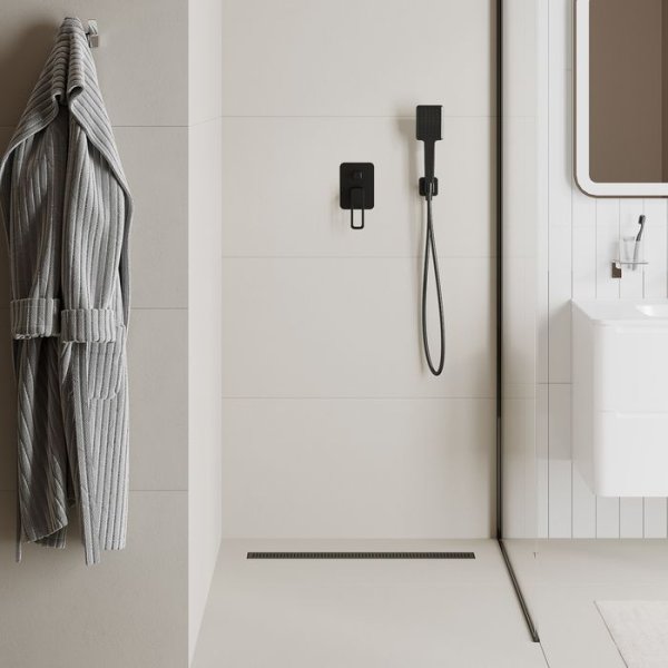 Лоток душевой, сифон 360, комбинированный затвор, перфорированная решетка, 700мм, черный, IDDIS, 975B7BL20DZ