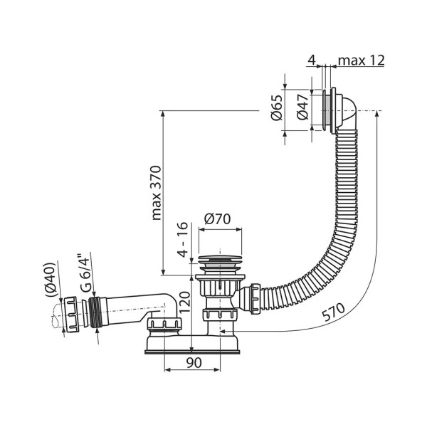 Сифон для ванны click/clack хромированный пластик длина 57 см Alcaplast AG210132160