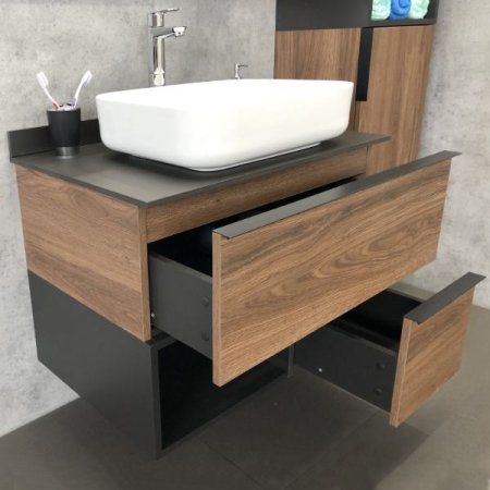 Тумба-умывальник COMFORTY "Штутгарт-75" дуб тёмно-коричневый с черной столешницей c раковиной COMFORTY T-Y9378