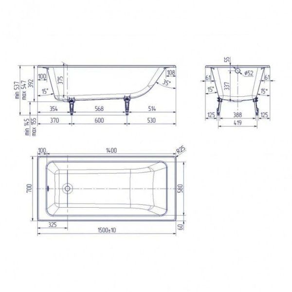 Чугунная ванна Delice Parallel DLR220503R 150х70 с ручками