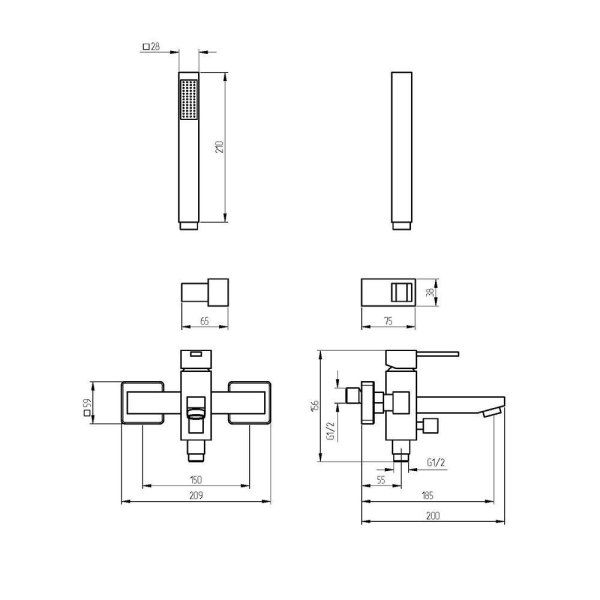 Смеситель для ванны с душем, хром Veragio SQUADRINA VR.SQR-4501.CR