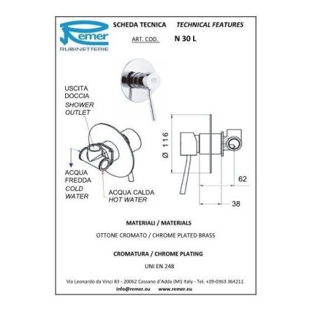 Смеситель Remer Minimal N30L для душа, хром