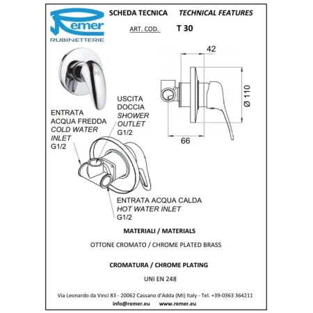 Смеситель для душа Remer Ten T30