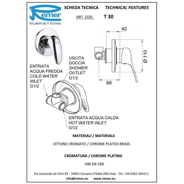 Смеситель для душа Remer Ten T30