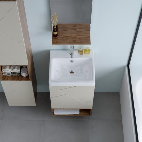 Тумба с раковиной и нишей Бриклаер КРИСТАЛЛ 50L, латте/дуб крафт табачный