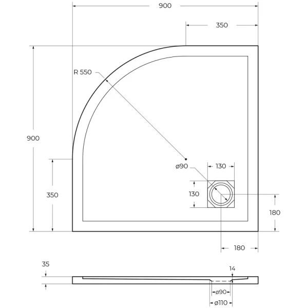 Душевой поддон BelBagno Uno TRAY-MR-UNO-R-90-550-35-W-BO 90x90 см, из литьевого мрамора, четверть круга, белый